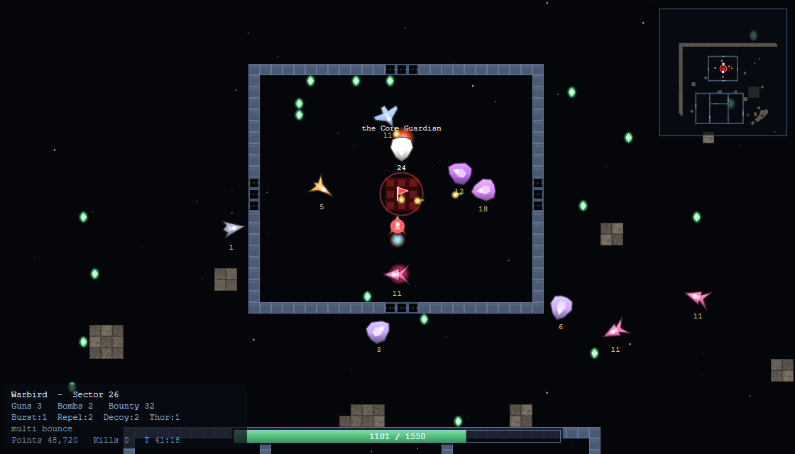 Sector 26, inside the Core vault. The Prime Flag sits on a dark red
            stand ringed in pulsing red at the centre of the frame. A Warbird is
            immediately below it, nose up, blue afterburner lit, one second from
            the pickup. The Core Guardian, bounty 24, is closing from above; two
            Leviathans hold the right side and bullets are crossing the vault.
            The status panel reads Warbird, Sector 26, and the energy bar reads
            1101 of 1550.