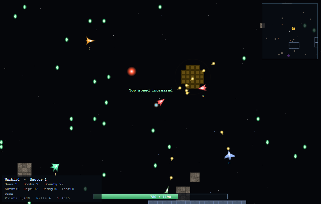 A 5Space game frame: the player's red Warbird at the centre of the screen, enemy ships with bounty numbers, green diamond prizes scattered through open space, a gold ring marking the warp portal down, the corner radar top right, and the energy bar and ship readout along the bottom.