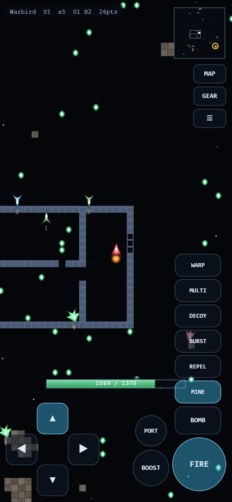 5Space running on a phone in portrait: the game fills the screen, with a four-way d-pad under the left thumb and FIRE, BOMB, BOOST and PORT under the right one. MINE sits directly above BOMB, and a column of five utility buttons - REPEL, BURST, DECOY, MULTI and WARP - climbs the right edge above it. MAP, GEAR and the menu sit below the corner radar, and the energy bar reads 1069 of 1370 just above the controls.
